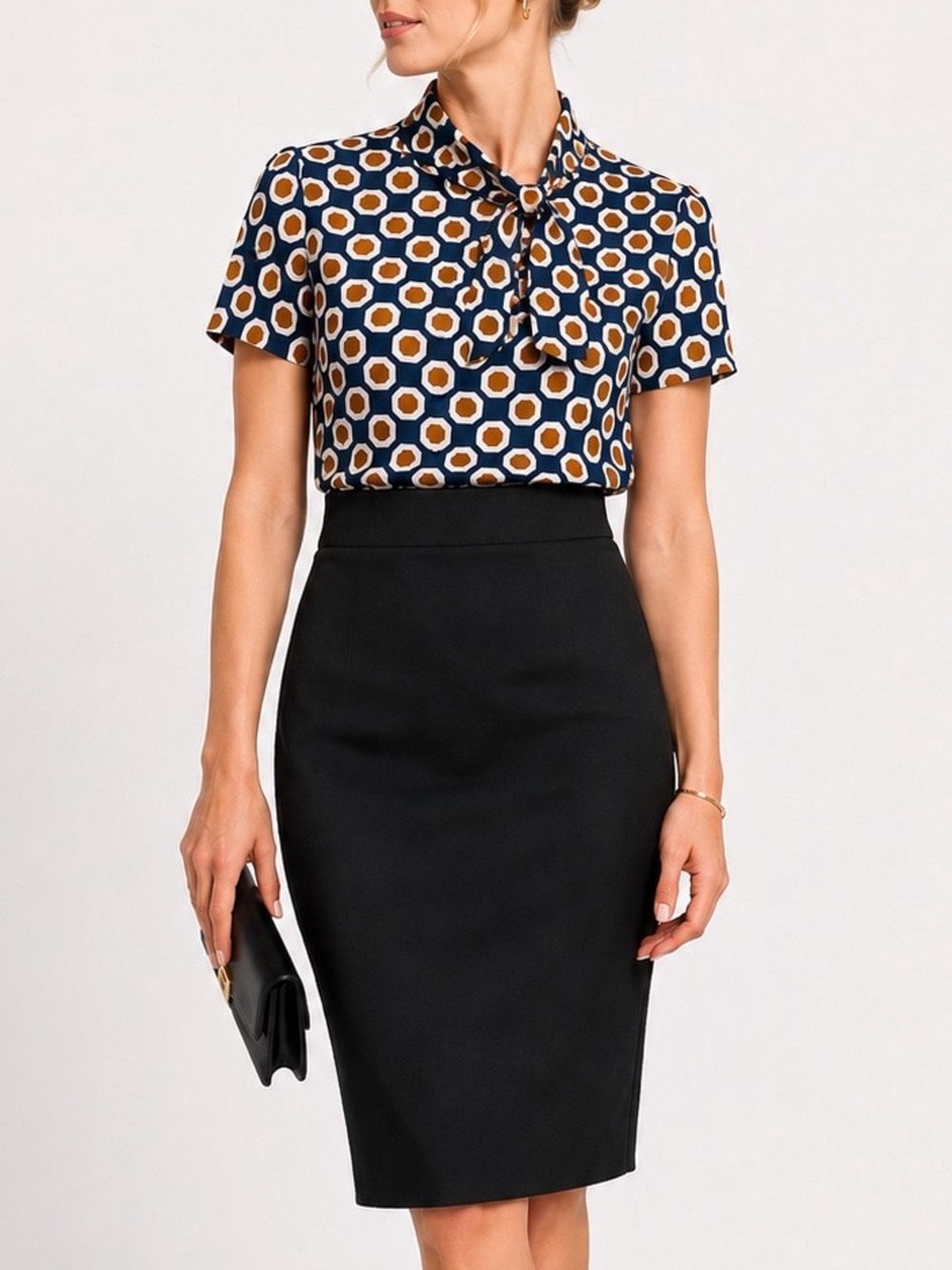 Theory Tyrina Silk Tie-Neck Blouse Petite P Navy Ivory Camel Geometric Print